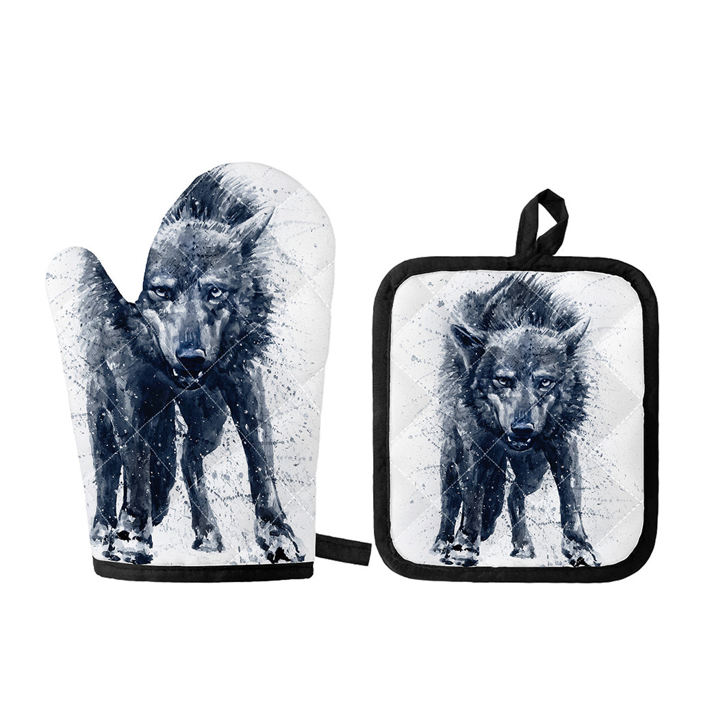 Watercolor Wolf Portrait Print Oven Mitt And Pot Holder Set