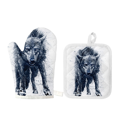 Watercolor Wolf Portrait Print Oven Mitt And Pot Holder Set
