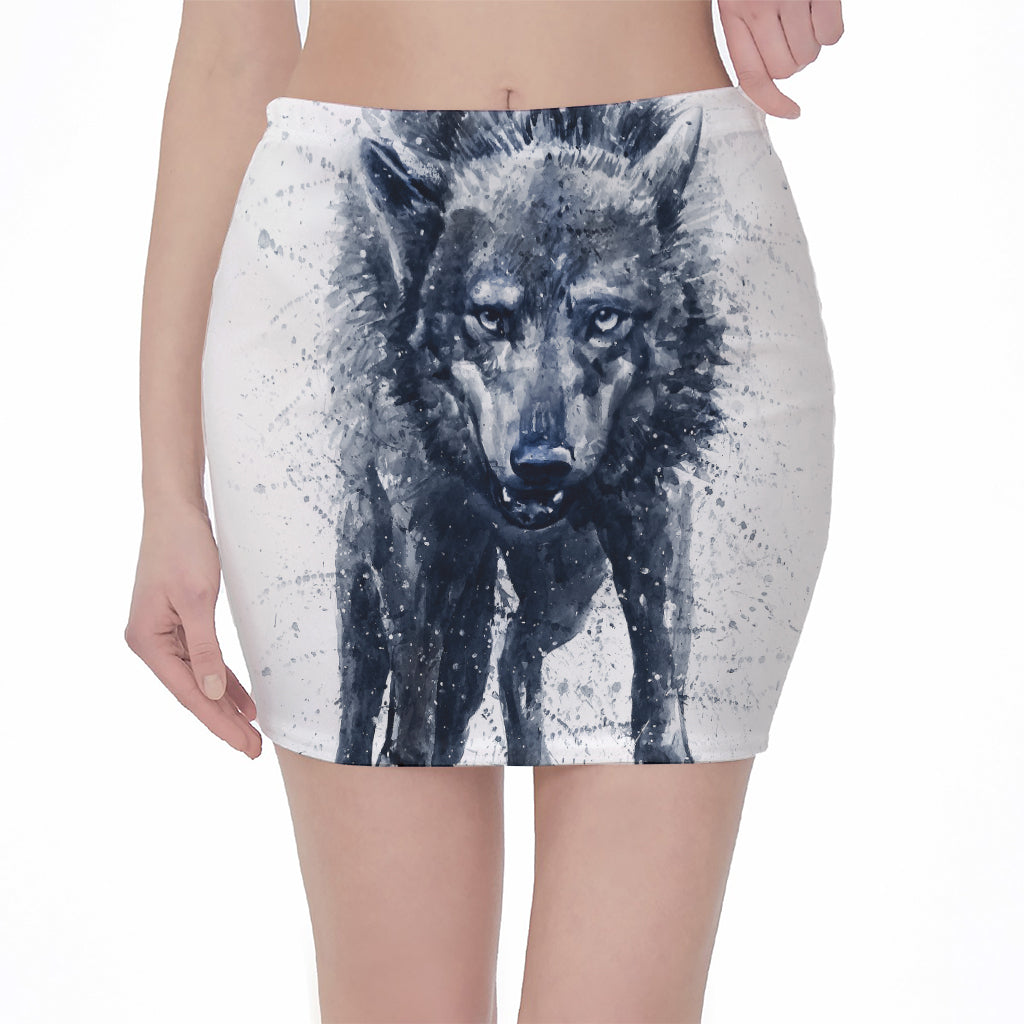 Watercolor Wolf Portrait Print Pencil Mini Skirt