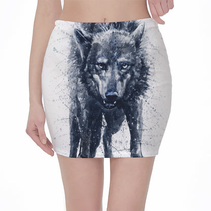 Watercolor Wolf Portrait Print Pencil Mini Skirt