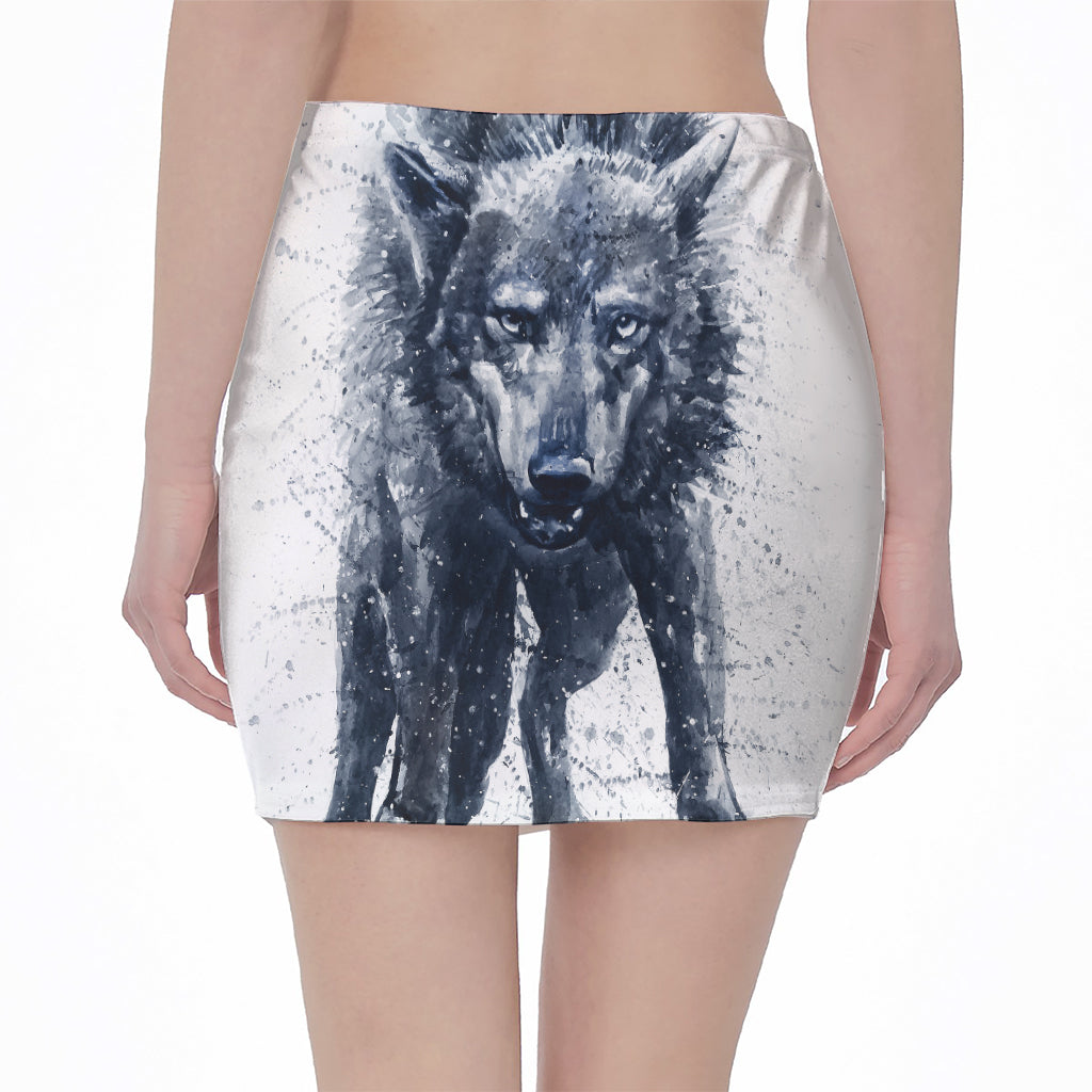 Watercolor Wolf Portrait Print Pencil Mini Skirt