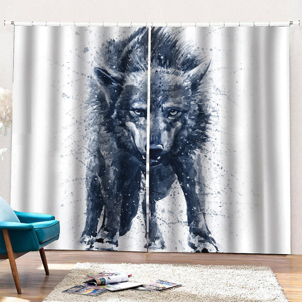 Watercolor Wolf Portrait Print Pencil Pleat Curtains