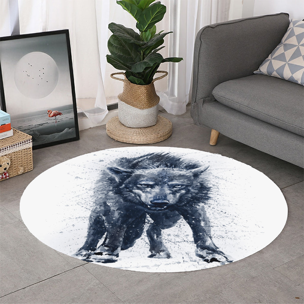 Watercolor Wolf Portrait Print Round Rug