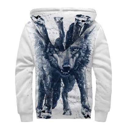 Watercolor Wolf Portrait Print Sherpa Lined Zip Up Hoodie