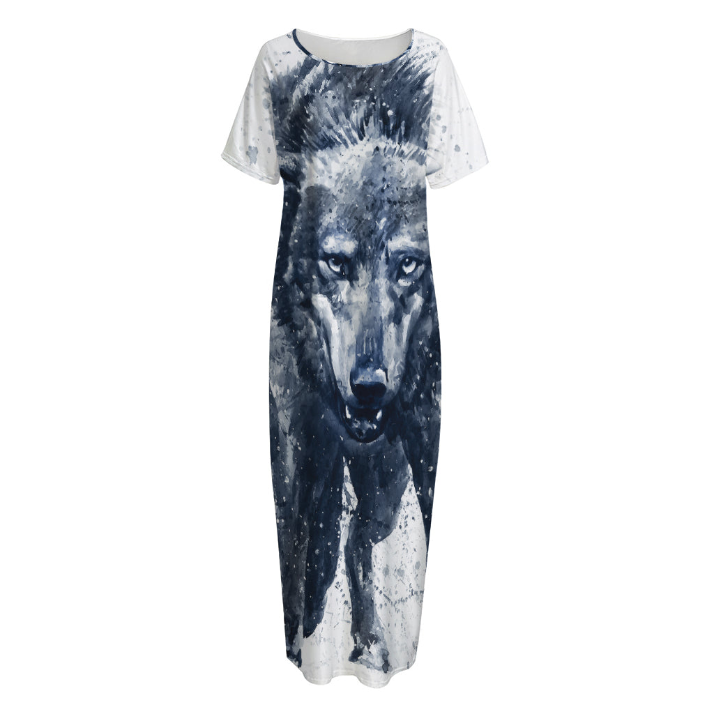Watercolor Wolf Portrait Print Short Sleeve Long Nightdress