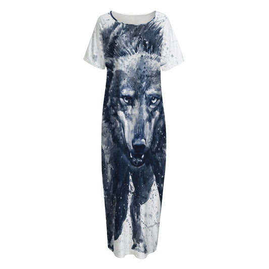 Watercolor Wolf Portrait Print Short Sleeve Long Nightdress