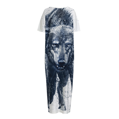 Watercolor Wolf Portrait Print Short Sleeve Long Nightdress