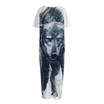Watercolor Wolf Portrait Print Short Sleeve Long Nightdress