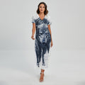 Watercolor Wolf Portrait Print Short Sleeve Maxi Dress