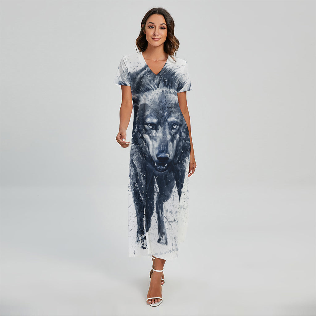 Watercolor Wolf Portrait Print Short Sleeve Maxi Dress