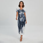 Watercolor Wolf Portrait Print Short Sleeve Maxi Dress