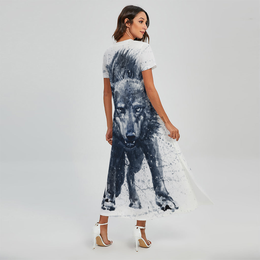 Watercolor Wolf Portrait Print Short Sleeve Maxi Dress