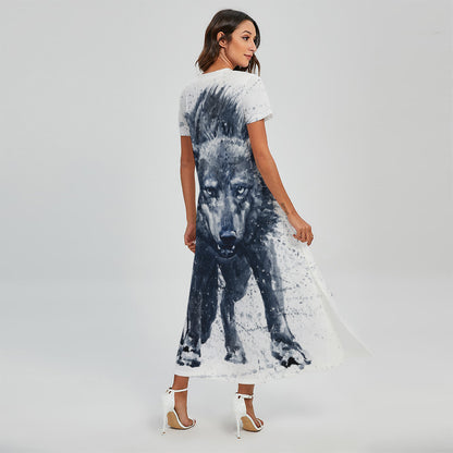 Watercolor Wolf Portrait Print Short Sleeve Maxi Dress