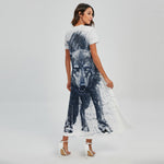 Watercolor Wolf Portrait Print Short Sleeve Maxi Dress
