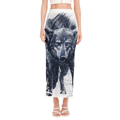Watercolor Wolf Portrait Print Side Slit Maxi Skirt