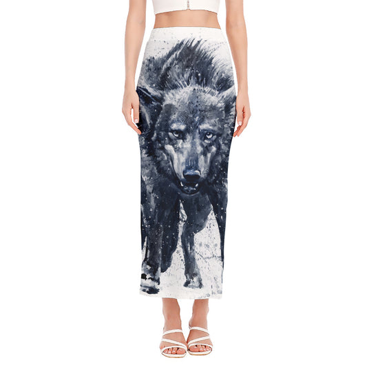 Watercolor Wolf Portrait Print Side Slit Maxi Skirt