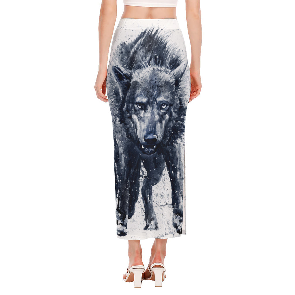 Watercolor Wolf Portrait Print Side Slit Maxi Skirt