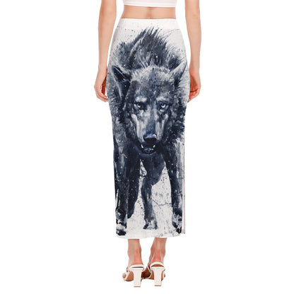 Watercolor Wolf Portrait Print Side Slit Maxi Skirt