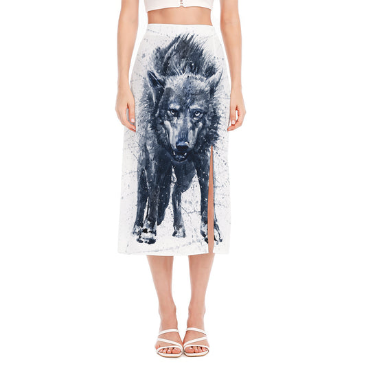 Watercolor Wolf Portrait Print Side Slit Midi Skirt