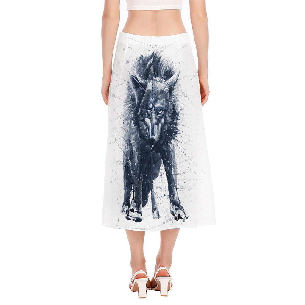 Watercolor Wolf Portrait Print Side Slit Midi Skirt