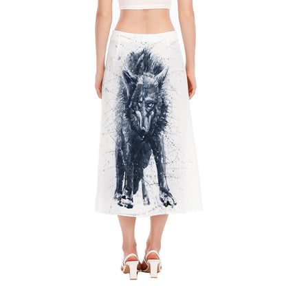 Watercolor Wolf Portrait Print Side Slit Midi Skirt