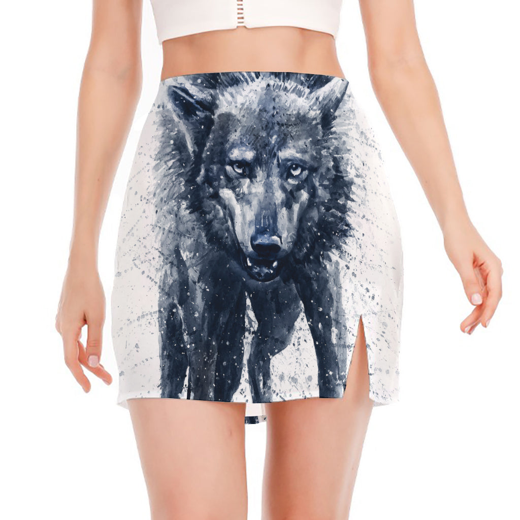 Watercolor Wolf Portrait Print Side Slit Mini Skirt