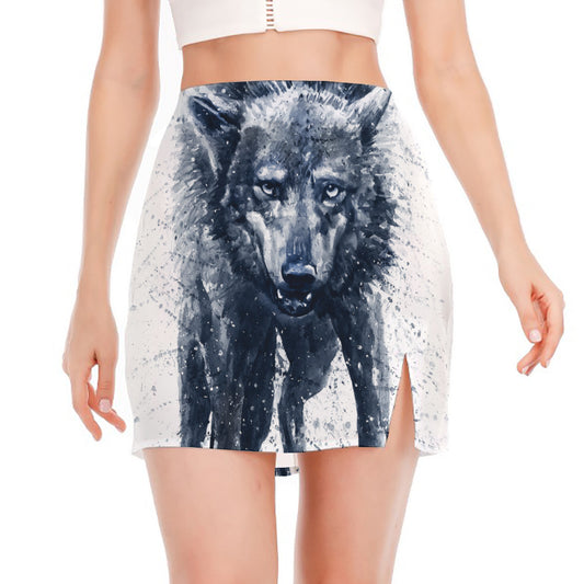 Watercolor Wolf Portrait Print Side Slit Mini Skirt