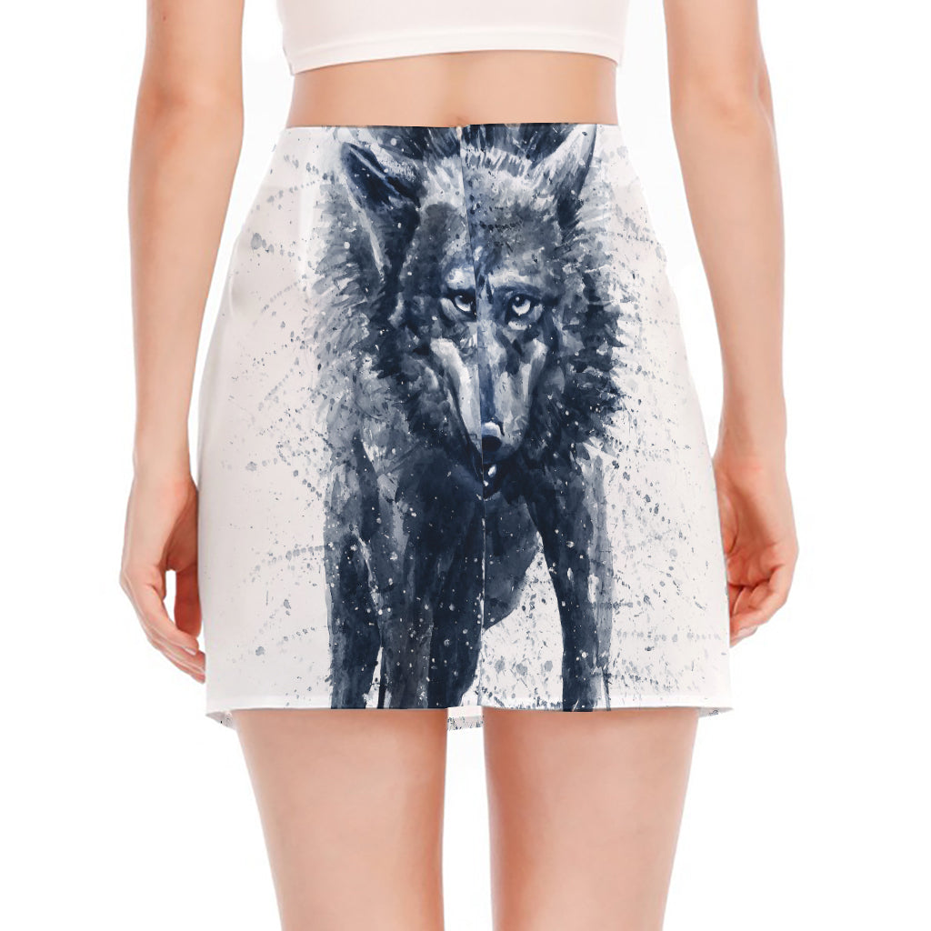 Watercolor Wolf Portrait Print Side Slit Mini Skirt