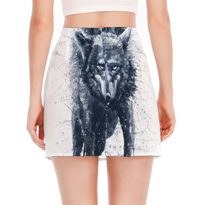 Watercolor Wolf Portrait Print Side Slit Mini Skirt