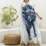 Watercolor Wolf Portrait Print Silk V-Neck Kaftan Dress