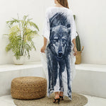 Watercolor Wolf Portrait Print Silk V-Neck Kaftan Dress