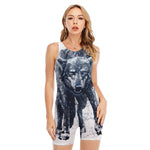 Watercolor Wolf Portrait Print Sleeveless One Piece Swimsuit