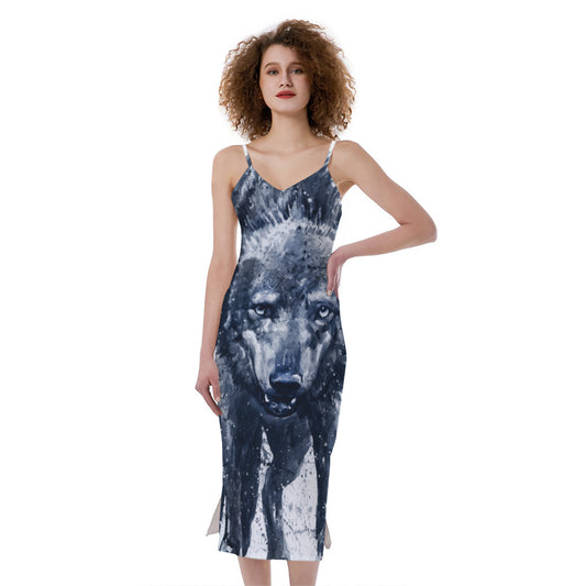 Watercolor Wolf Portrait Print Slim Fit Midi Cami Dress