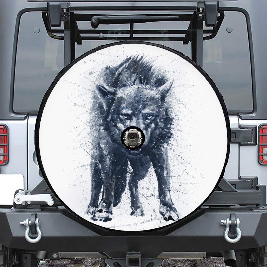 Watercolor Wolf Portrait Print Tire Cover With Camera Hole