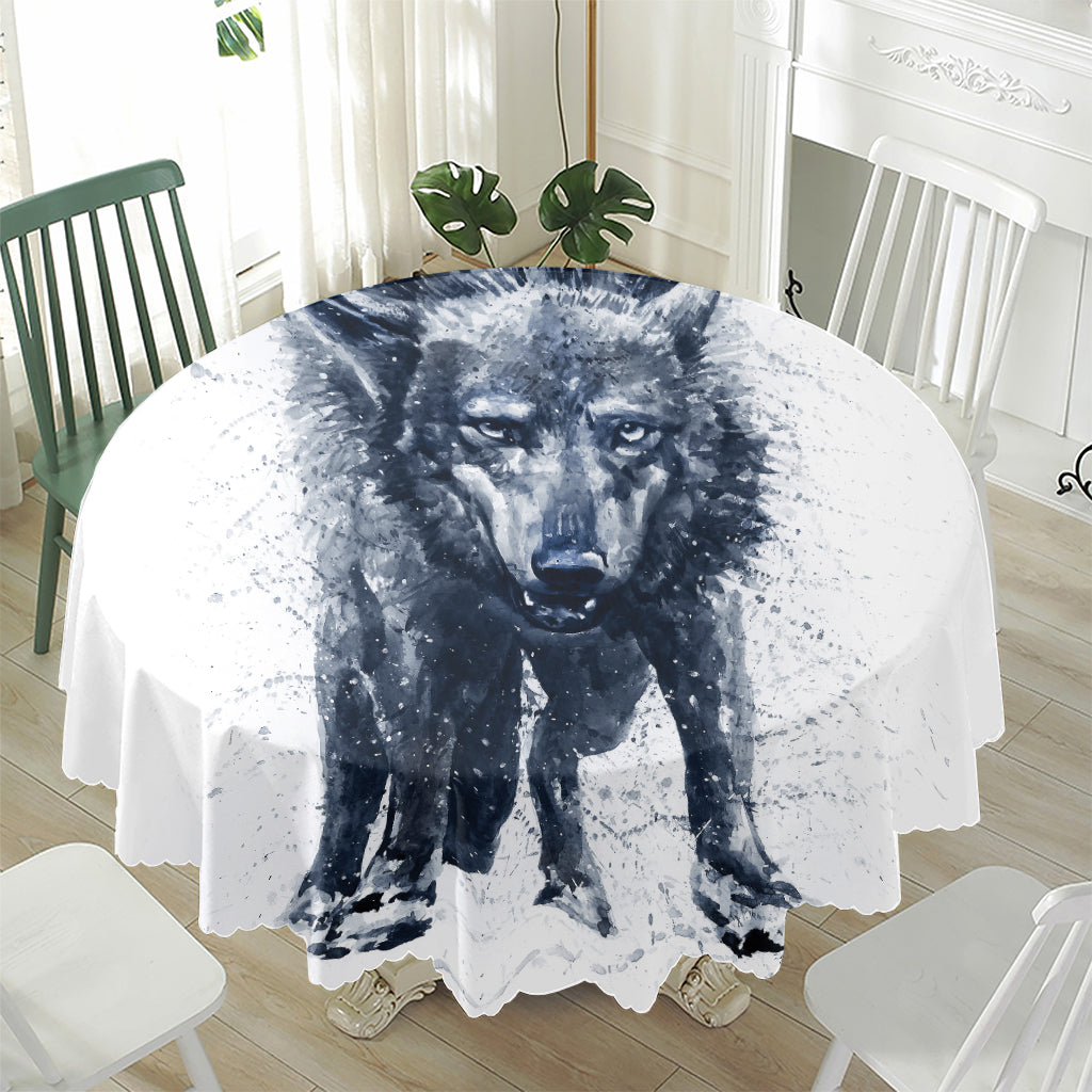 Watercolor Wolf Portrait Print Waterproof Round Tablecloth