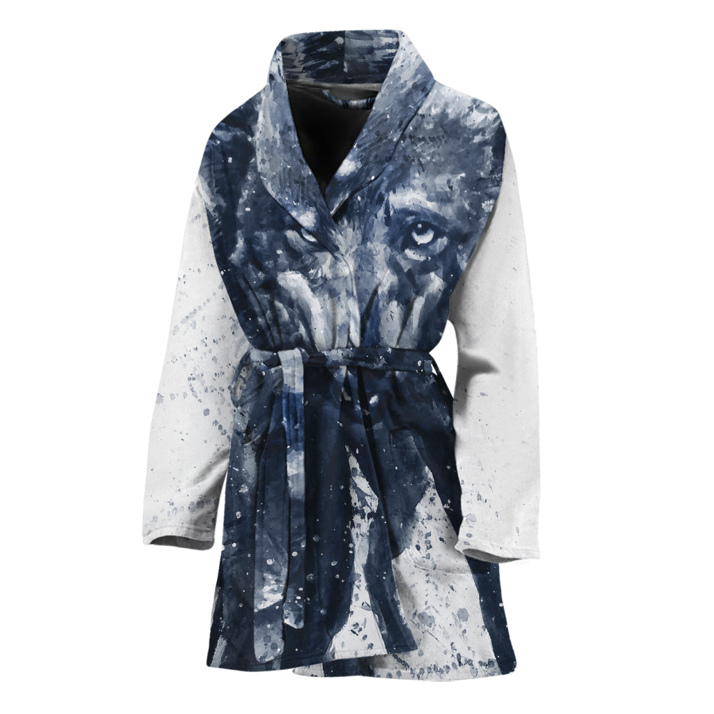 Watercolor Wolf Portrait Print Women's Bathrobe