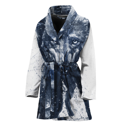 Watercolor Wolf Portrait Print Women's Bathrobe