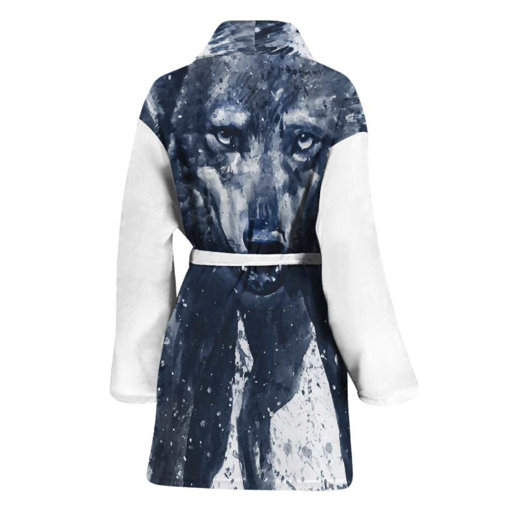 Watercolor Wolf Portrait Print Women's Bathrobe