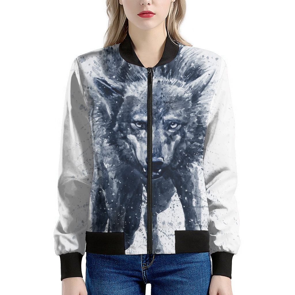 Watercolor Wolf Portrait Print Women's Bomber Jacket