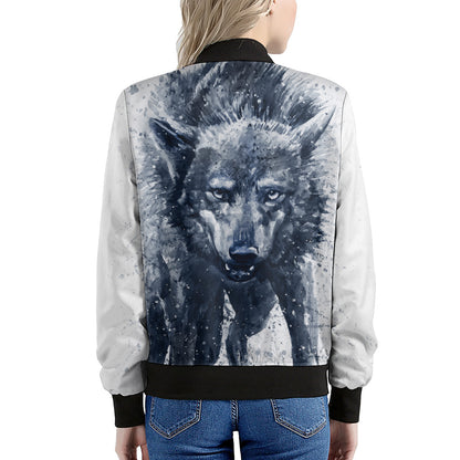 Watercolor Wolf Portrait Print Women's Bomber Jacket