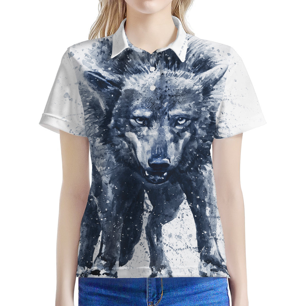 Watercolor Wolf Portrait Print Women's Polo Shirt