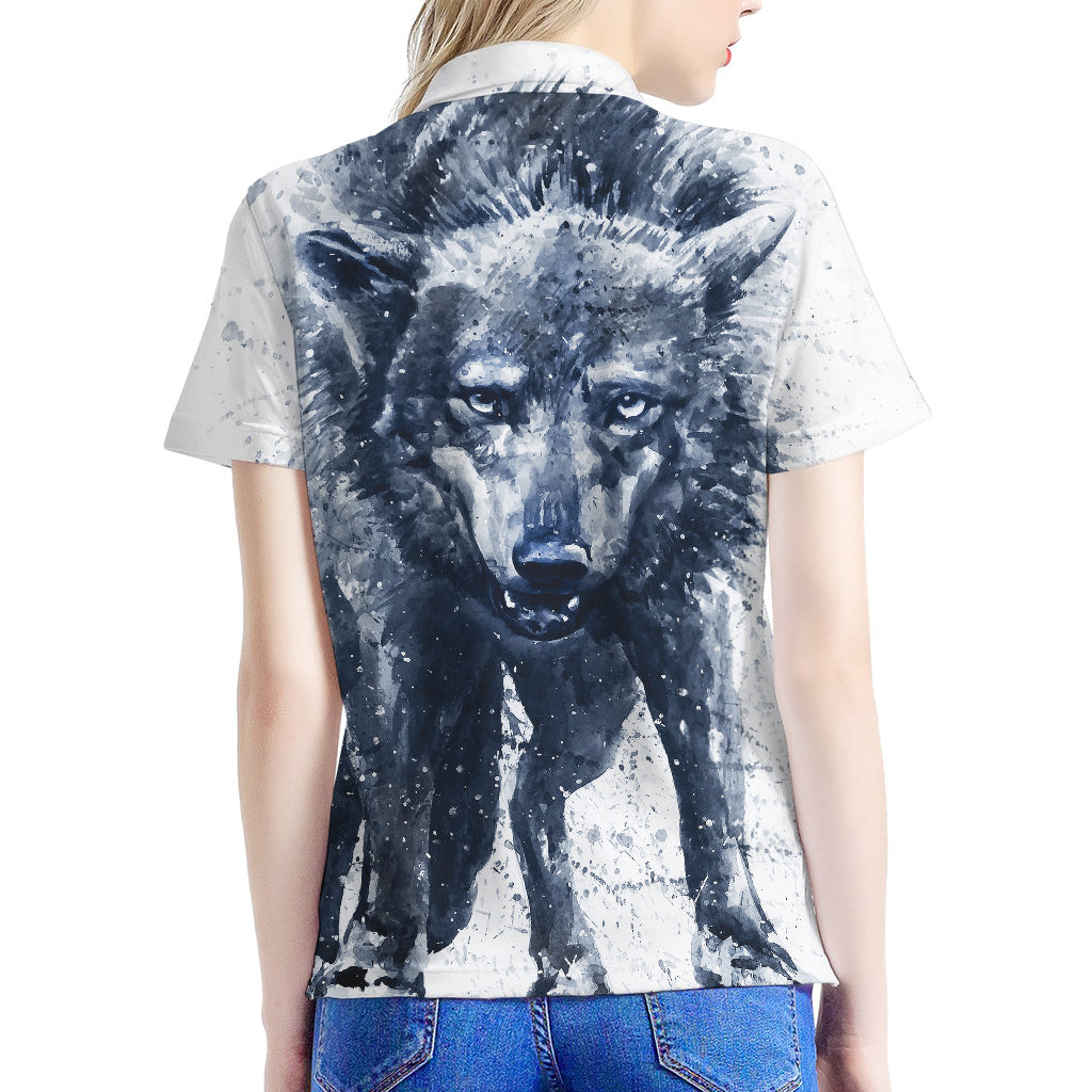 Watercolor Wolf Portrait Print Women's Polo Shirt