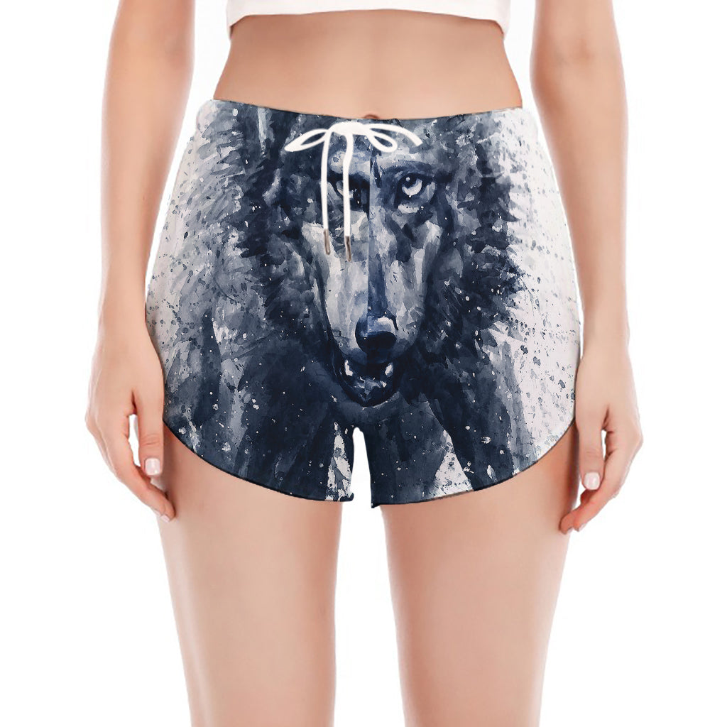 Watercolor Wolf Portrait Print Women's Split Running Shorts