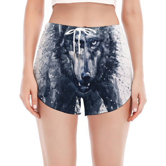 Watercolor Wolf Portrait Print Women's Split Running Shorts
