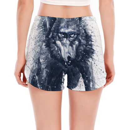 Watercolor Wolf Portrait Print Women's Split Running Shorts