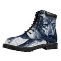 Watercolor Wolf Portrait Print Padded Collar Lace Up Boots