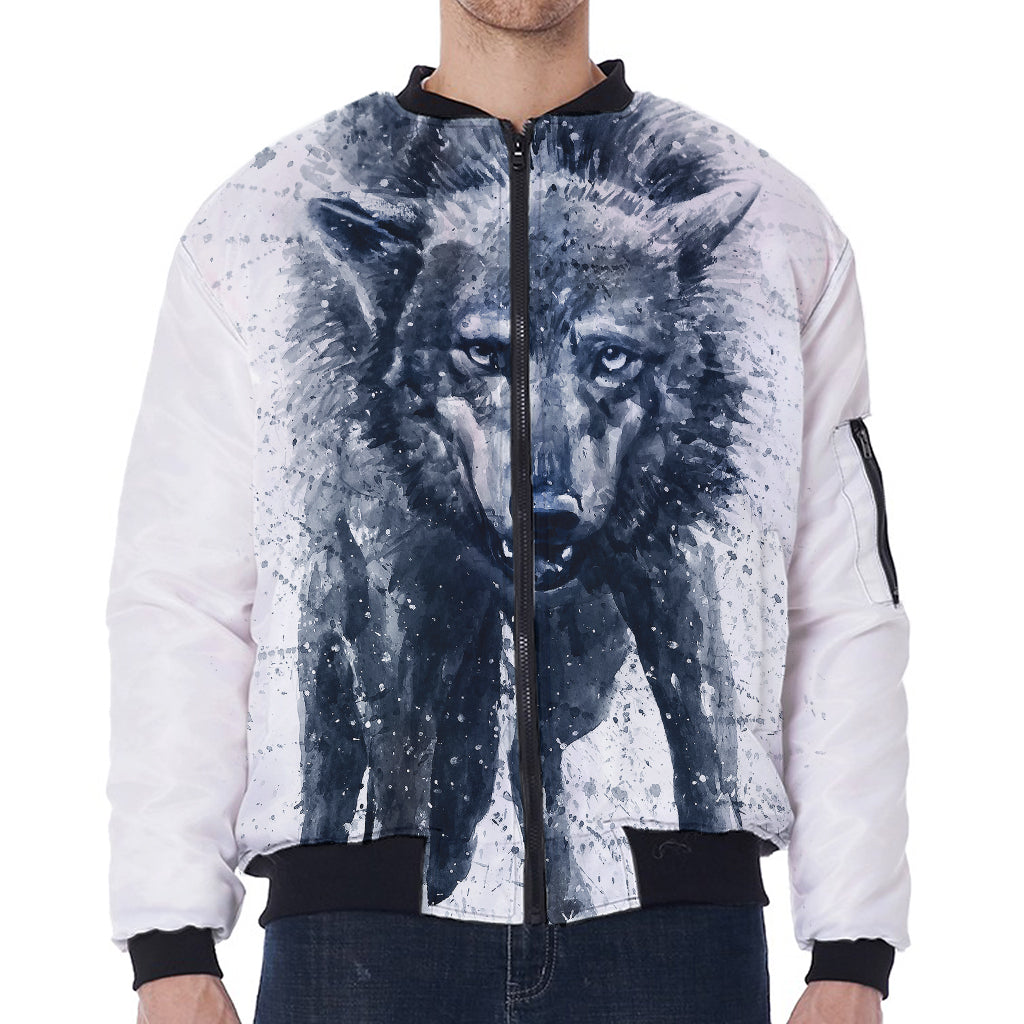 Watercolor Wolf Portrait Print Zip Sleeve Bomber Jacket