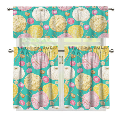 Watercolor Yarn Pattern Print 3 Piece Kitchen Curtains