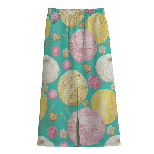 Watercolor Yarn Pattern Print Cotton Front Slit Maxi Skirt