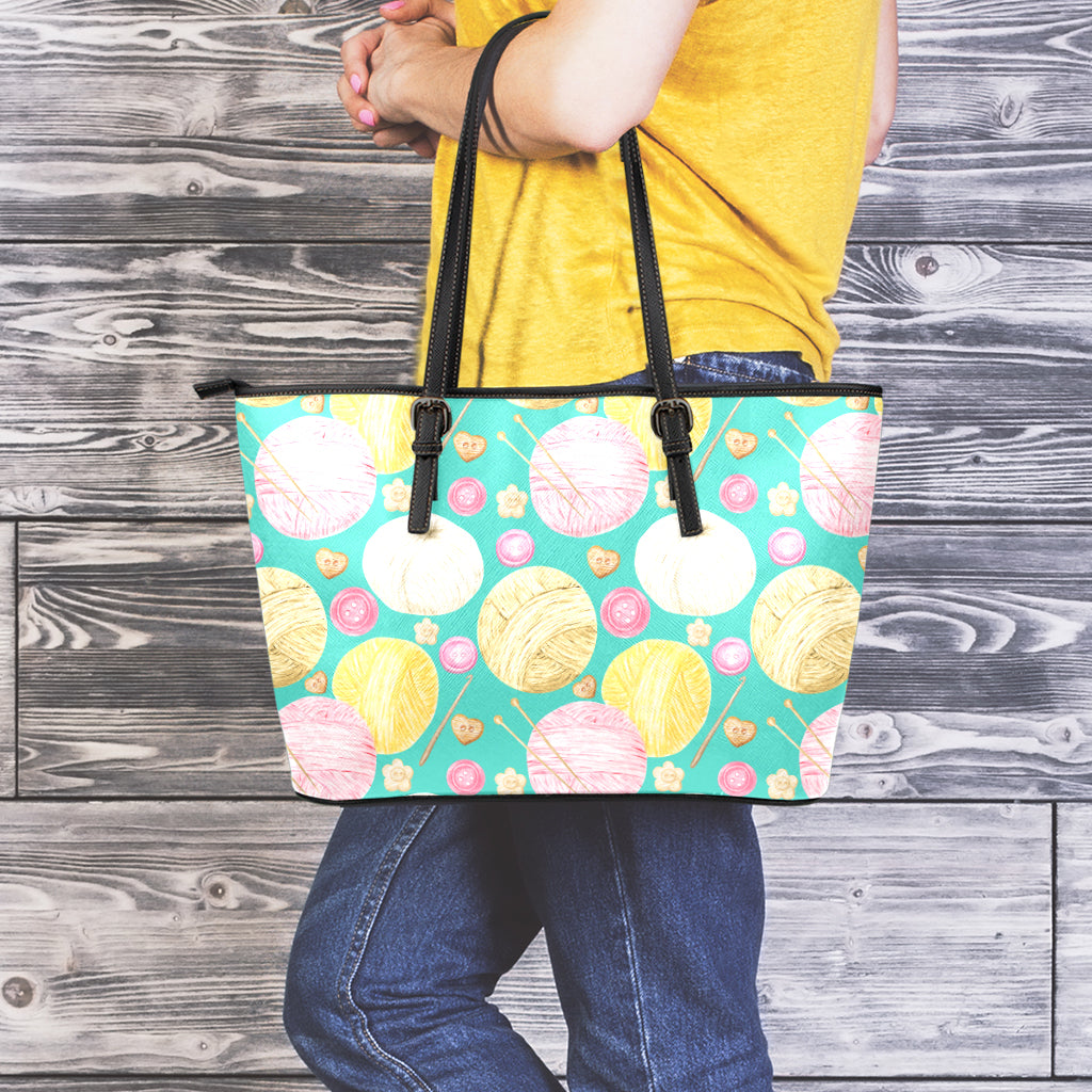 Watercolor Yarn Pattern Print Leather Tote Bag